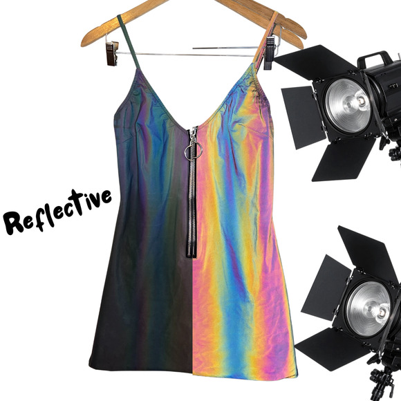 Size L – Reflective Spaghetti Strap Zipper-Front Bodycon Dress by ClubExx - Picture 1 of 7
